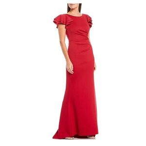 🆕 Flutter Sleeve Ruched Waist V-Back Scuba Knit Gown. Color Burgundy, 10